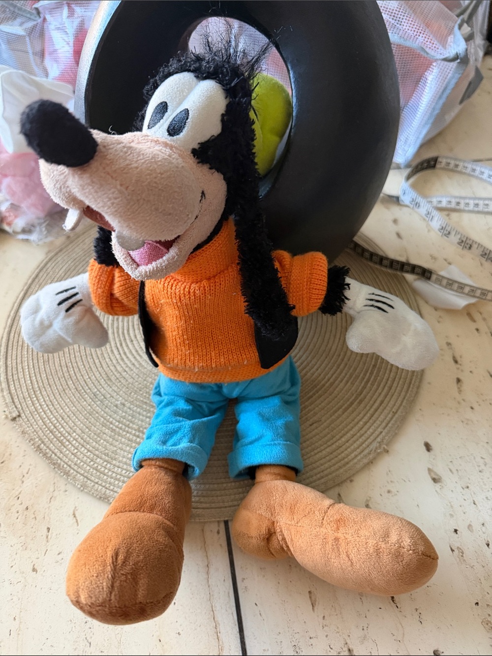 Vintage Disney Authentic Goofy 16" Plush Toy with Orange Sweater and Blue Pants
